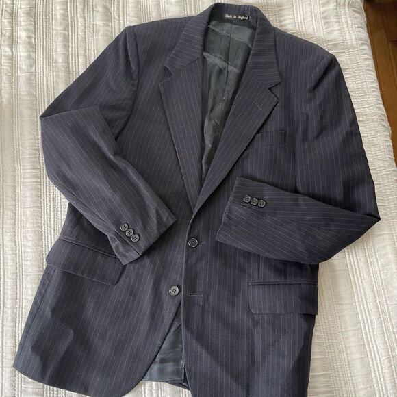 Vintage Bancroft Navy Burgundy Stripe Wool Sports Coat Suit Jacket‎ 42R England - Picture 1 of 7